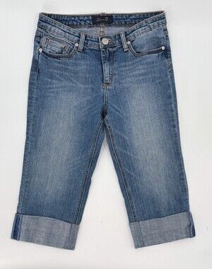 Seven 7 Jeans Womens 6 Blue Cuffed Cropped Denim Embroidered Mid Rise Capri
